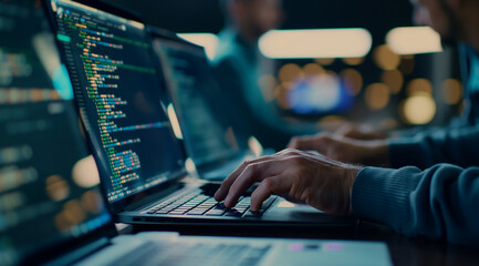 Programmer Working on Laptop in Tech Environment
