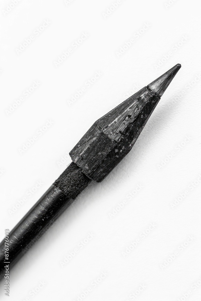 Poster a close-up image of a black pencil with a pointed tip lying on a white background
