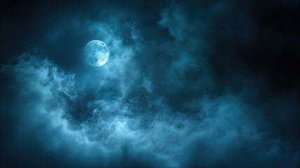 Full moon illuminating a dark, cloudy night sky with dense blue fog. Halloween background , nighttime ambiance, lunar light concept, gothic aesthetic, eerie atmosphere.