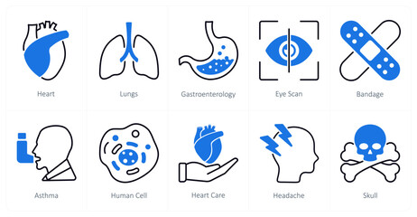 A set of 10 Medical icons as heart, lungs, gastronterology