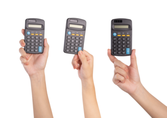Female hand holding black digital calculator isolated on white background.