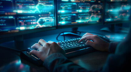 Hacker typing on keyboard with multiple screens
