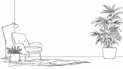 Obraz premium One-line drawing of a living room with modern furniture: armchair, plant, floor lamp, carpet. Editable stroke. Hand-drawn contour. Flower in a pot. Doodle vector.