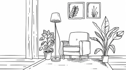 One-line drawing of a living room with modern furniture: armchair, plant, floor lamp, carpet. Editable stroke. Hand-drawn contour. Flower in a pot. Doodle vector.