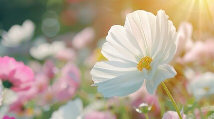 Fototapeta premium A picturesque garden full of blooming flowers under the radiant sunlight, each petal glowing with natural brilliance, conveying a sense of warmth and vitality