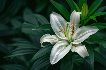 Obraz premium A close-up of a white lily with its stamen prominently displayed, surrounded by a backdrop of dark green leaves