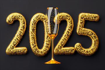 Happy New Year 2025 Celebration with Gold Glitter Champagne Glass and Sparkling Numbers on Black Background