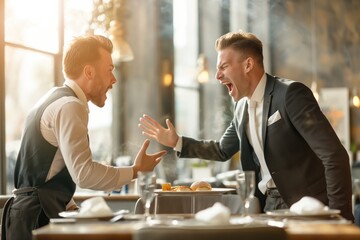 An argument breaks out between two men inside an upscale restaurant, captured in a moment of heightened emotion and dynamic gestures amidst the dining setup.