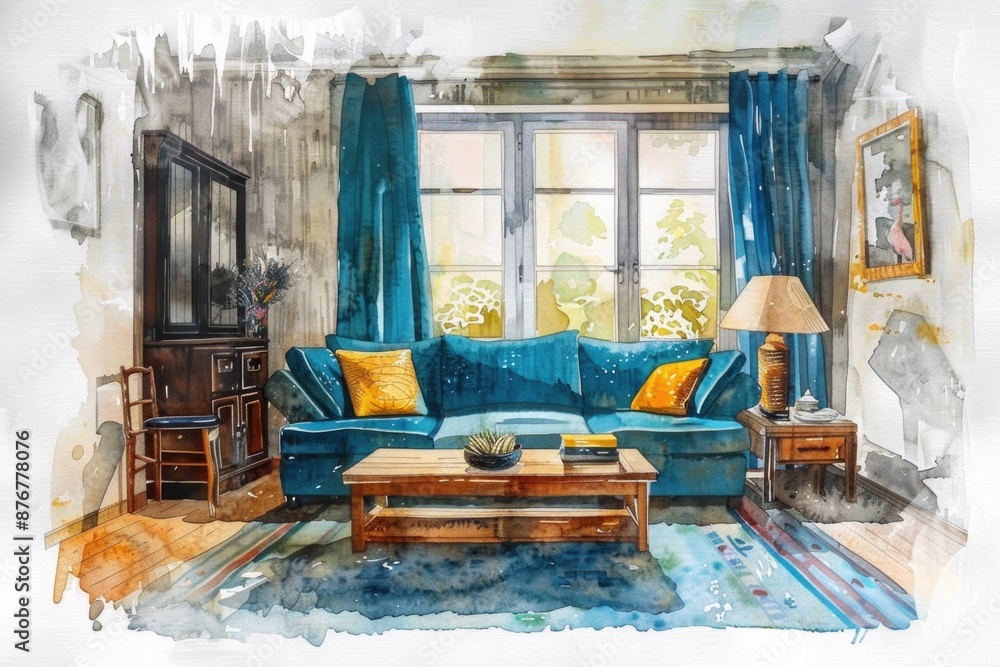 Wall mural A cozy living room with a blue couch and comfortable seating