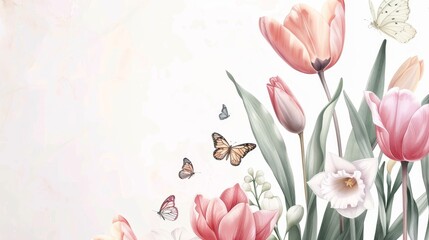 Naklejka premium A spring garden bursting with tulips, daffodils, and butterflies, vibrant colors and soft details in watercolor