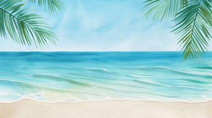 Fototapeta premium A stunning watercolor of a tropical beach at noon, with turquoise waters, palm trees, and clear skies, perfect for conveying the bliss of summer