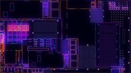 Fototapeta premium Printed circuit board. Visualization of advanced technology concept: PCB processor microchip, digitization of neural networks and cloud computing. Digital lines transmit data. 