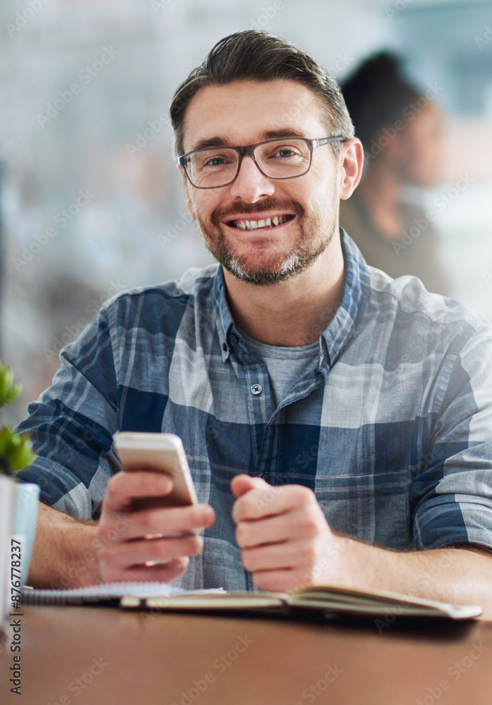 Poster smartphone, smile and portrait of man at desk with online chat, research and networking on social me