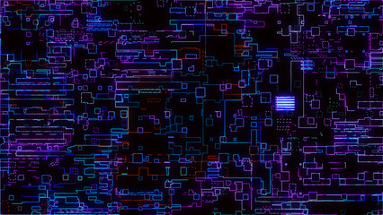 Printed circuit board. Visualization of advanced technology concept: PCB processor microchip, digitization of neural networks and cloud computing. Digital lines transmit data. 