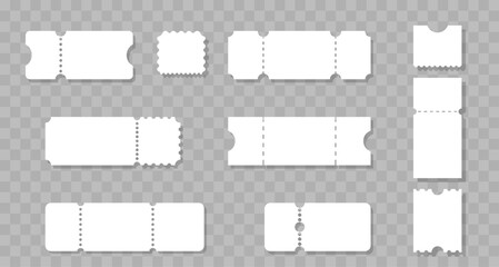 Ticket or coupon promotion illustration set. Collection of concert tickets, lottery or discount coupons, gift voucher. Template design for entertainment event, show, concert, sales. Vector mockup