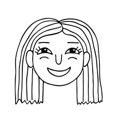 Laughing little child girl, funny face with a straight long hair, black outline isolated on white. Line drawing sketch in doodle style. Vector clipart for children's illustration.