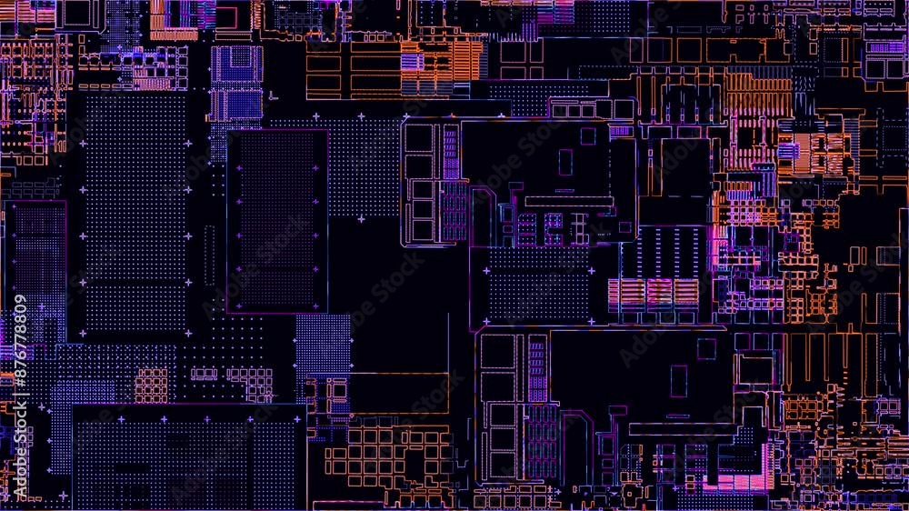 Poster printed circuit board. advanced technology concept visualization: pcb processor microchip, neural ne