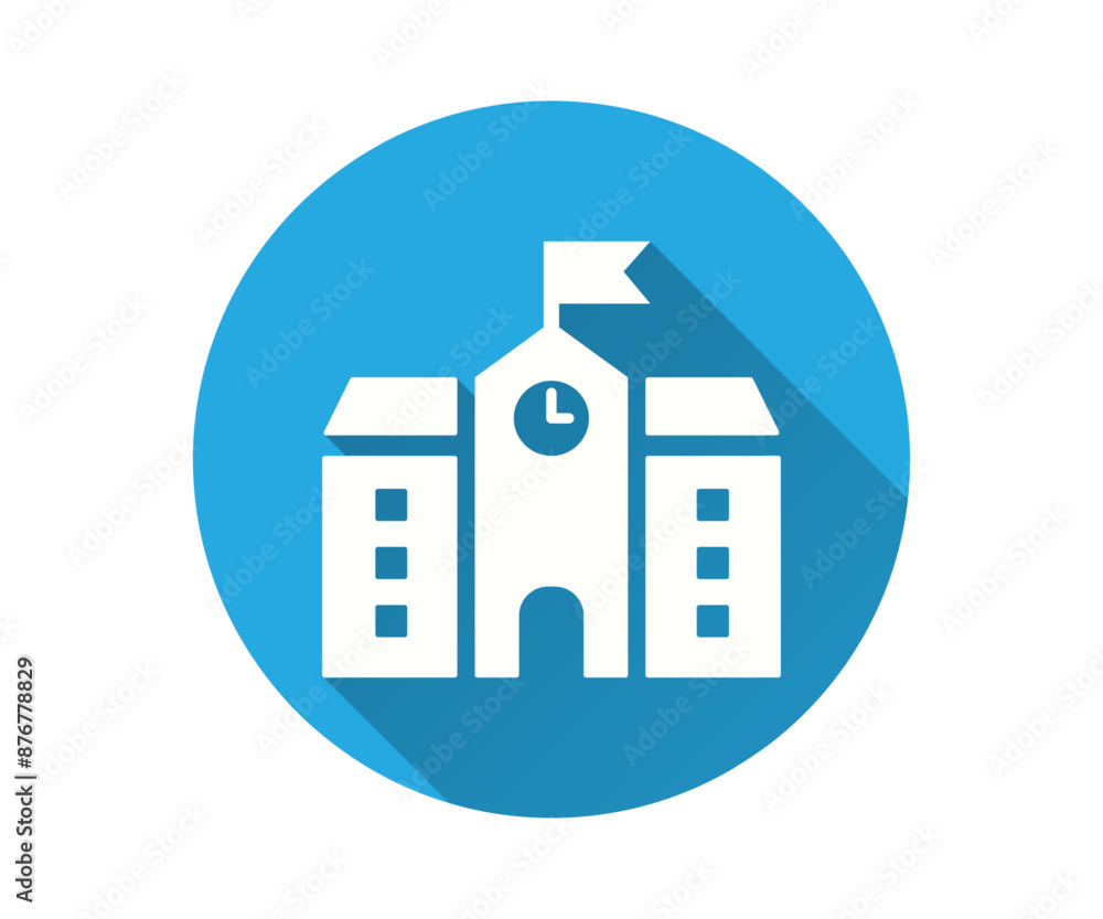 Poster simple icon of a school building with a clock, designed with a long shadow in flat style.