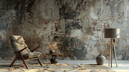 Wabi-sabi style interior with chair, table, vase, and floor lamp against a textured wall. 3D rendering.
