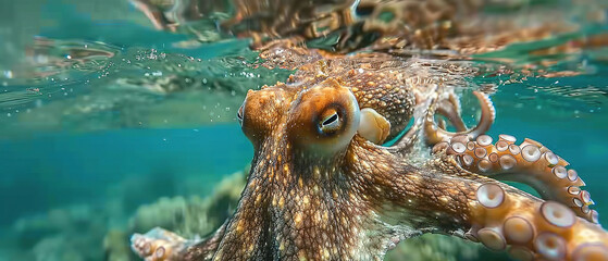 Close-up live octopuses swimming in turquoise waters, marine wildlife photography