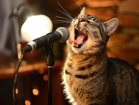 Karaoke cat singing loudly musical star
