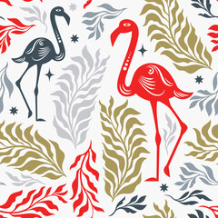 Seamless floral pattern with flamingo and branches, elegance beautiful botanical pattern