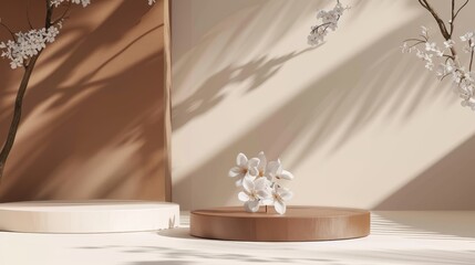 3D platform display scene for product rendering. Vector platform with brown pedestal for cosmetic displays on a studio background.
