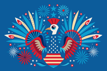 A T-shirt design featuring a peacock with displaying the colors and patterns of the American flag, surrounded by fireworks, vector illustration