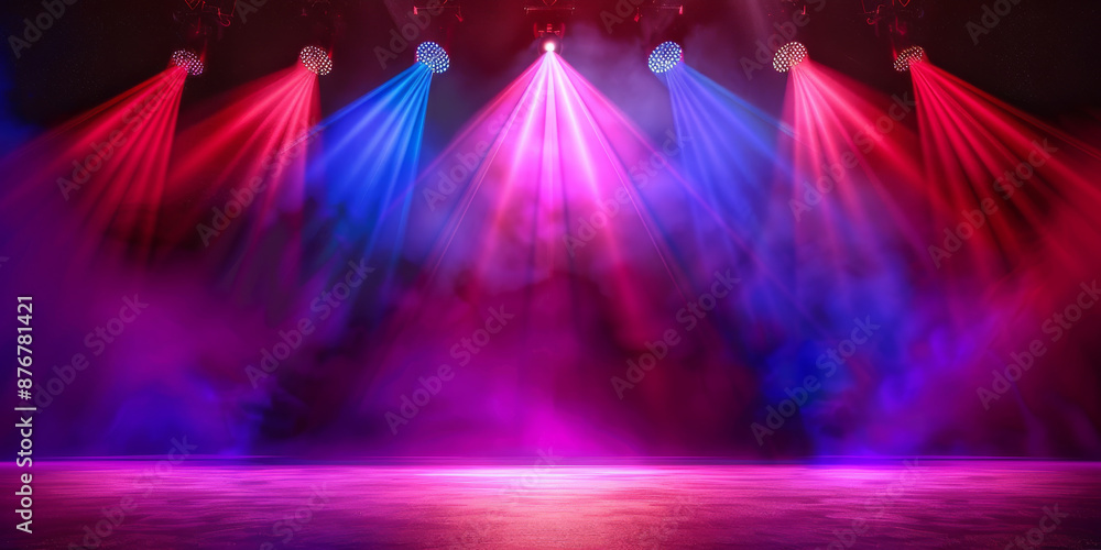 Wall mural banner background of an empty stage with colorful spotlights and copy space