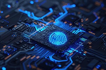 Future security technology. Fingerprint scan provides security access in DOF. Fingerprint Security Concept. 3D Render.