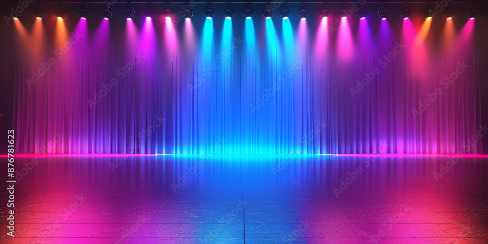 Wall mural banner background of an empty stage with colorful spotlights and copy space