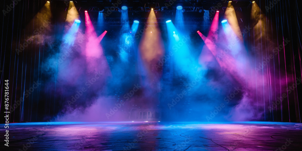 Wall mural banner background of an empty stage with colorful spotlights and copy space