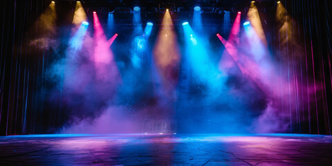 Banner background of an empty stage with colorful spotlights and copy space