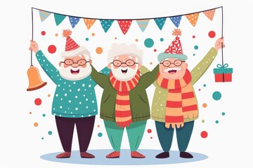 Naklejka premium Three happy senior citizens celebrate with a party banner and festive decorations.