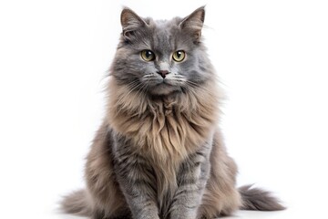 Obraz premium Regal grey cat with soft, fluffy fur sits upright, gazing directly at the camera with piercing eyes, isolated on a transparent background.