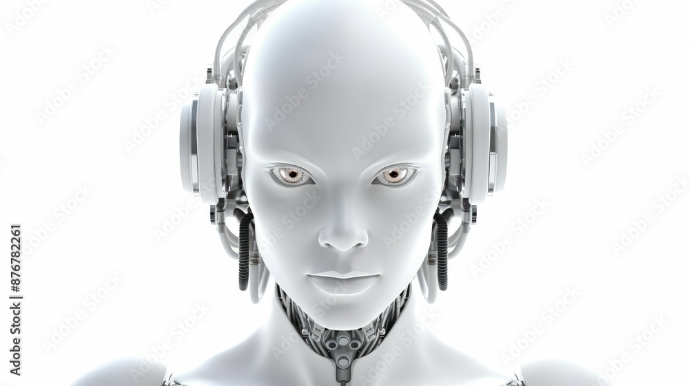 Poster smart android head close up with humanoid features. futuristic robot face concept with white sleek d