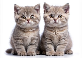 Adorable pair of British Shorthair kittens sit side by side, gazing directly at the camera with big round eyes and fluffy whiskers, showcasing their sweet bond.