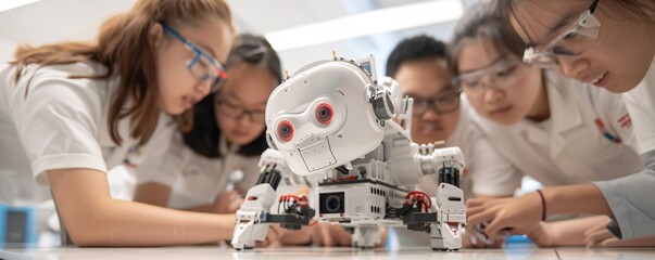 Editorial Photography of a diverse team of students assembling a robot, highlighting the focused expressions and the advanced technology they are working with, set against the backdrop of a