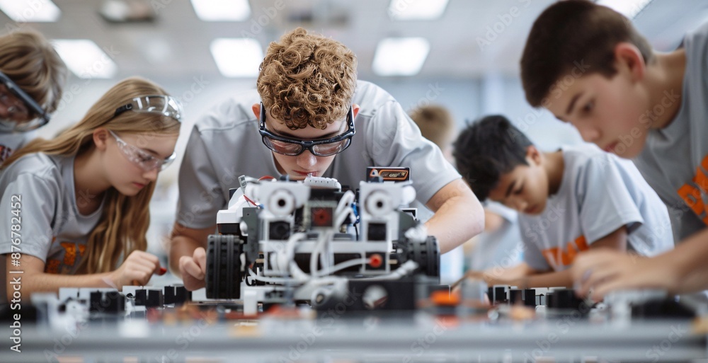 Poster documentary photography of students collaborating on a robotics project, capturing the intricate tea
