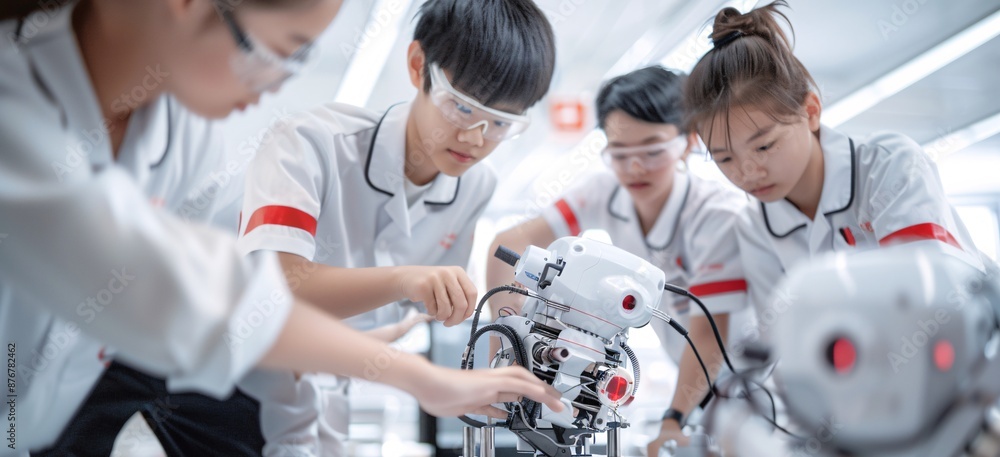 Poster editorial photography of a diverse team of students assembling a robot, highlighting the focused exp