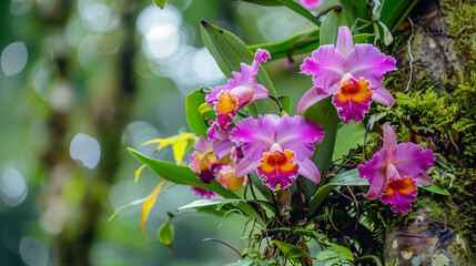 brightly colored orchid flowers attached to other plants, orchids with bright purple petals and yellow centers, attached to sturdy tree trunks, green background with dense leaves. ai generated images © miyuta