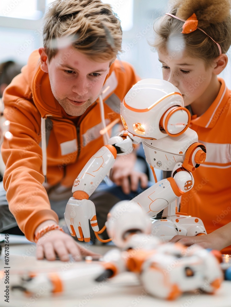 Poster editorial photography of a teacher guiding students in building a robot, capturing the mentorship an
