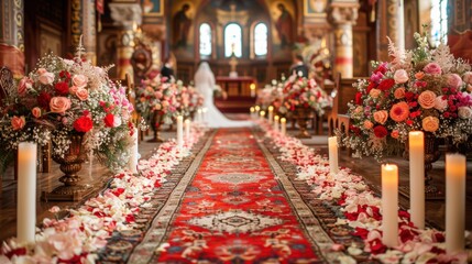 Beautiful church wedding aisle decorated with flowers and candles, leading to a bride standing at the altar in a picturesque ceremony.