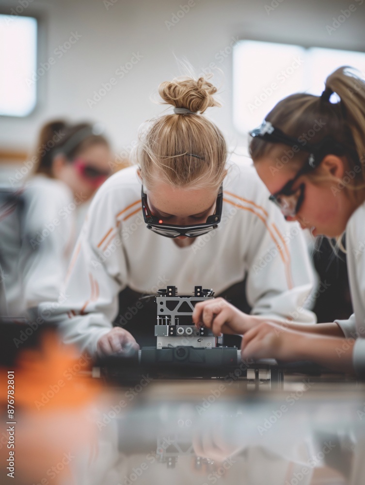 Poster documentary photography of a mixed-gender team of students testing and refining their robot, capturi