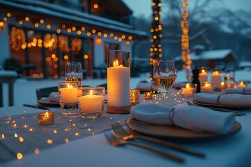 Cozy winter outdoor dinner setting with candles, warm lights, and festive ambiance in a snowy mountain setting.
