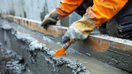 Close-up shot of a worker in gloves and orange jacket applying waterproofing sealant to a concrete foundation.