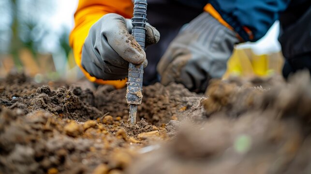 Close-up view of a worker using a specialized soil testing tool on a construction site.
