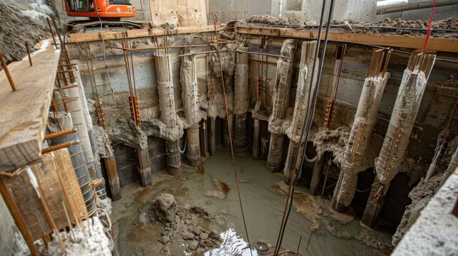 Wide-angle view of helical tiebacks being installed to reinforce a concrete wall.
