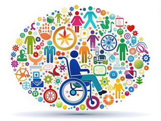 A vibrant and colorful arrangement of accessible symbols, wheelchair ramps, and diverse assistive technologies on a white background, promoting inclusivity and accessibility.