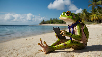 Frog freelancer working at tropical beach. AI generative image.